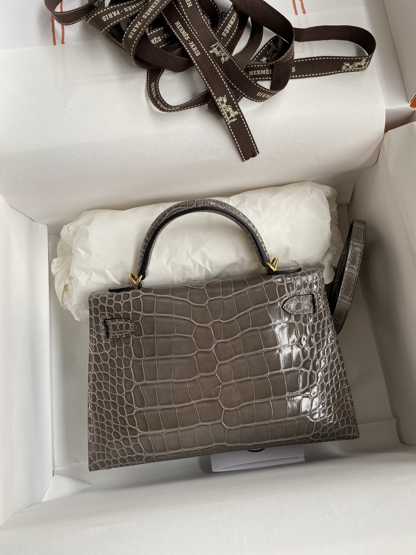 Hermes Kelly Mini II Bag 19CM In Etoupe Shiny Alligator Leather